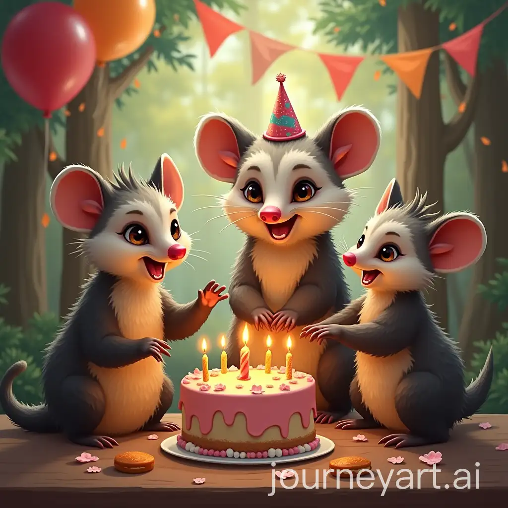 Smiling-Opossum-Birthday-Celebration-with-Friends-in-a-Forest-Setting