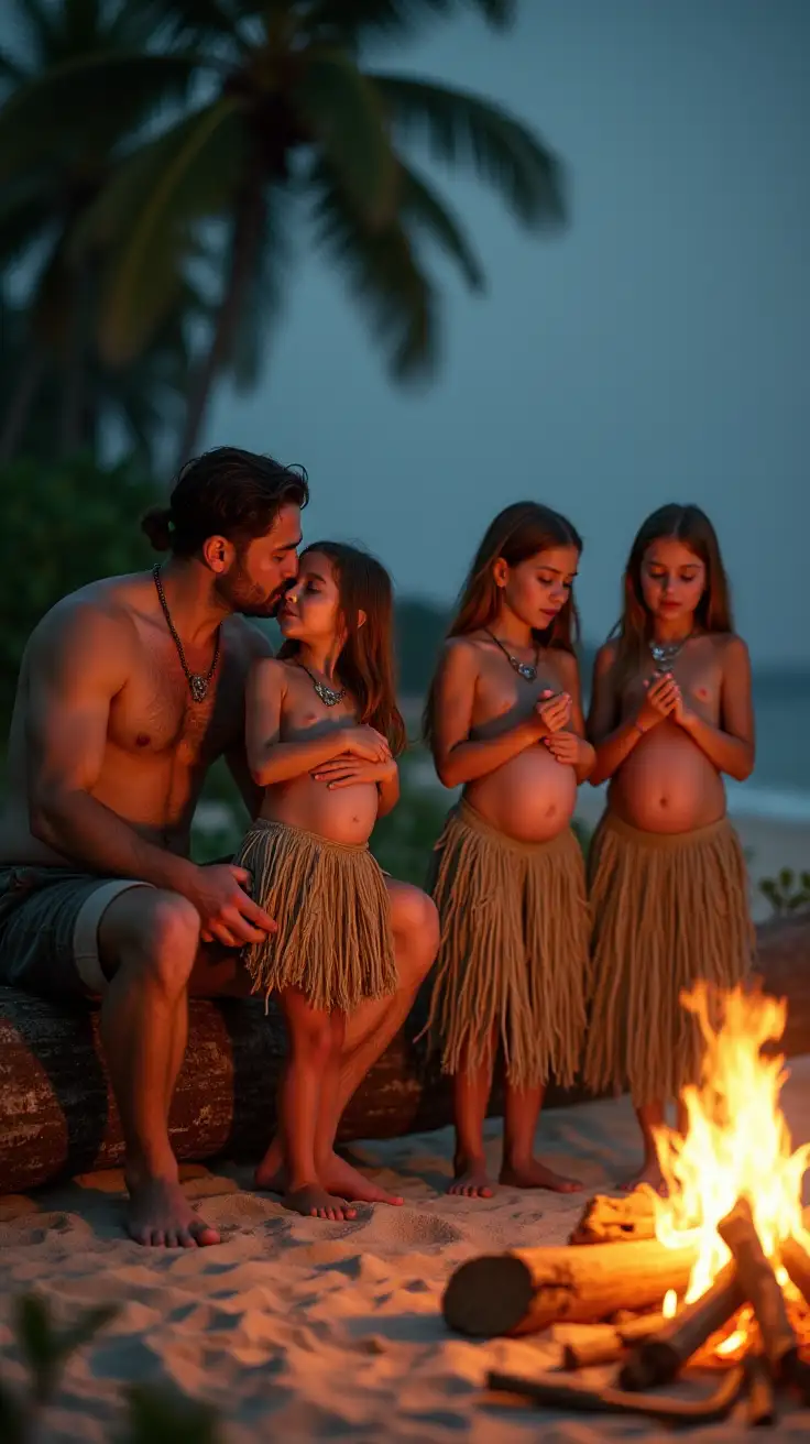 a family of castaways around a bonfire on a beach. father sits on a log holding a petite daughter, kissing her. mother sits near father nursing an infant. several preteen daughters are dancing. each girl is holding an infant, has long copper hair and is wearing a grass skirt, showing off a pregnant belly.