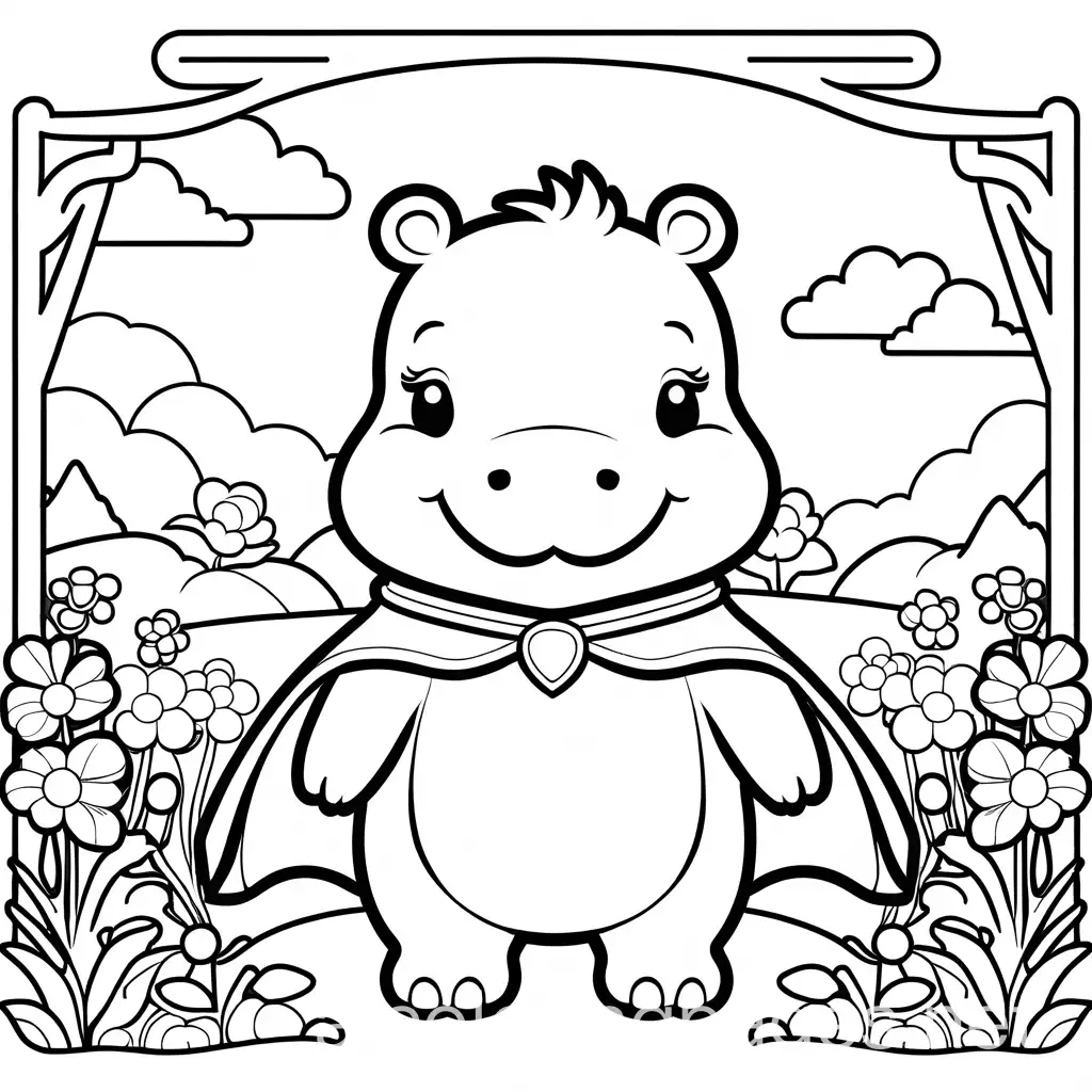 Chibi-Anime-Style-Cute-Hippo-Coloring-Page-with-Hero-Cape