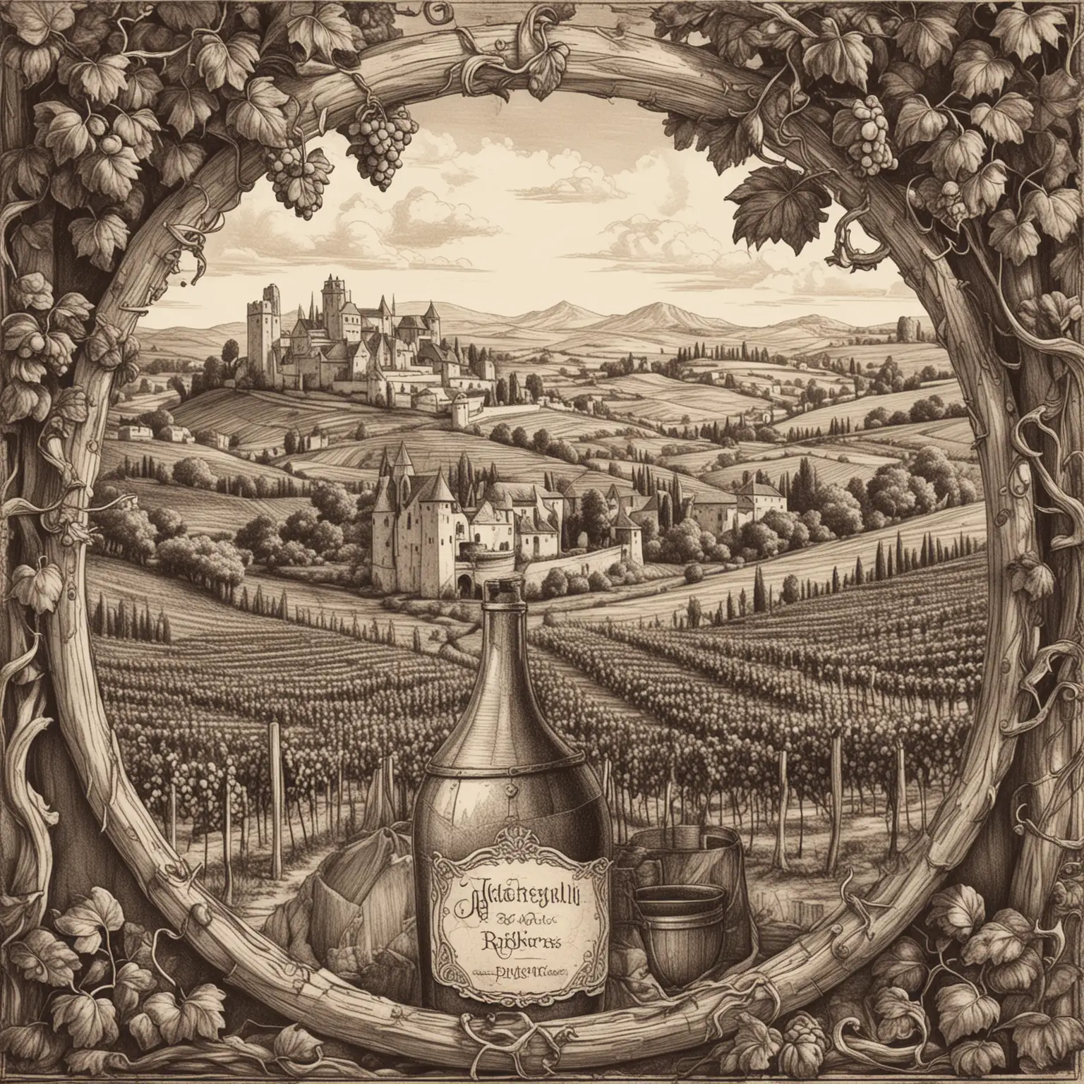 album cover in the style of a medieval wine label pencil sketchy art style, in the background is the vineyard