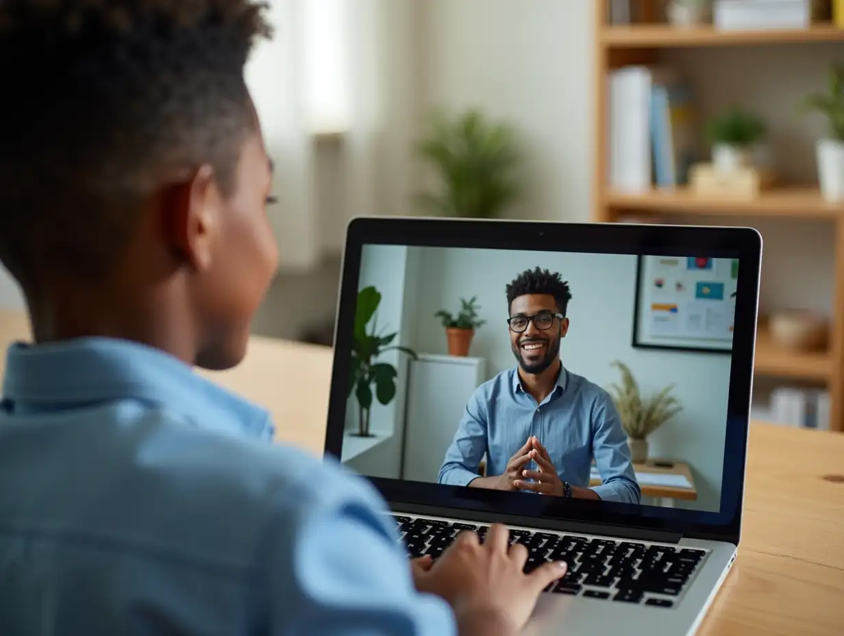 African american boy using laptop for video call, with male teacher on screen