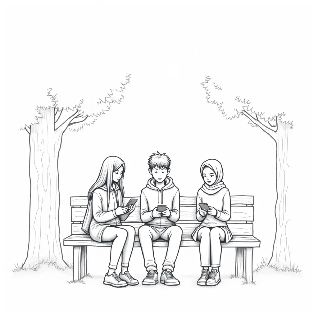 Indonesian-College-Students-Absorbed-in-Phones-in-Peaceful-Campus-Park