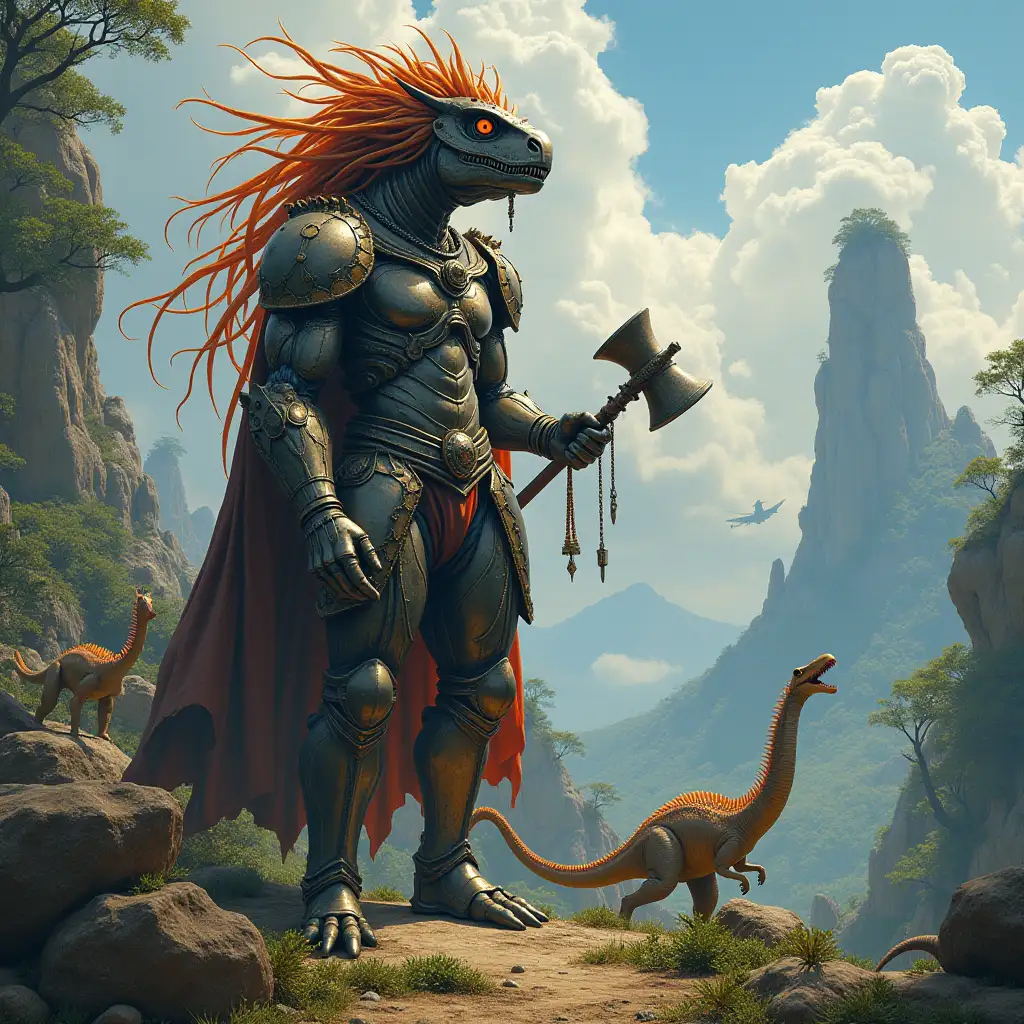 Hyperrealistic portrait of a gpanzerter metal alien king 10 meters tall with mtal hair with hammer in hand on an island with many different dinosaurs that are elaborately detailed, colorful, forested planet background