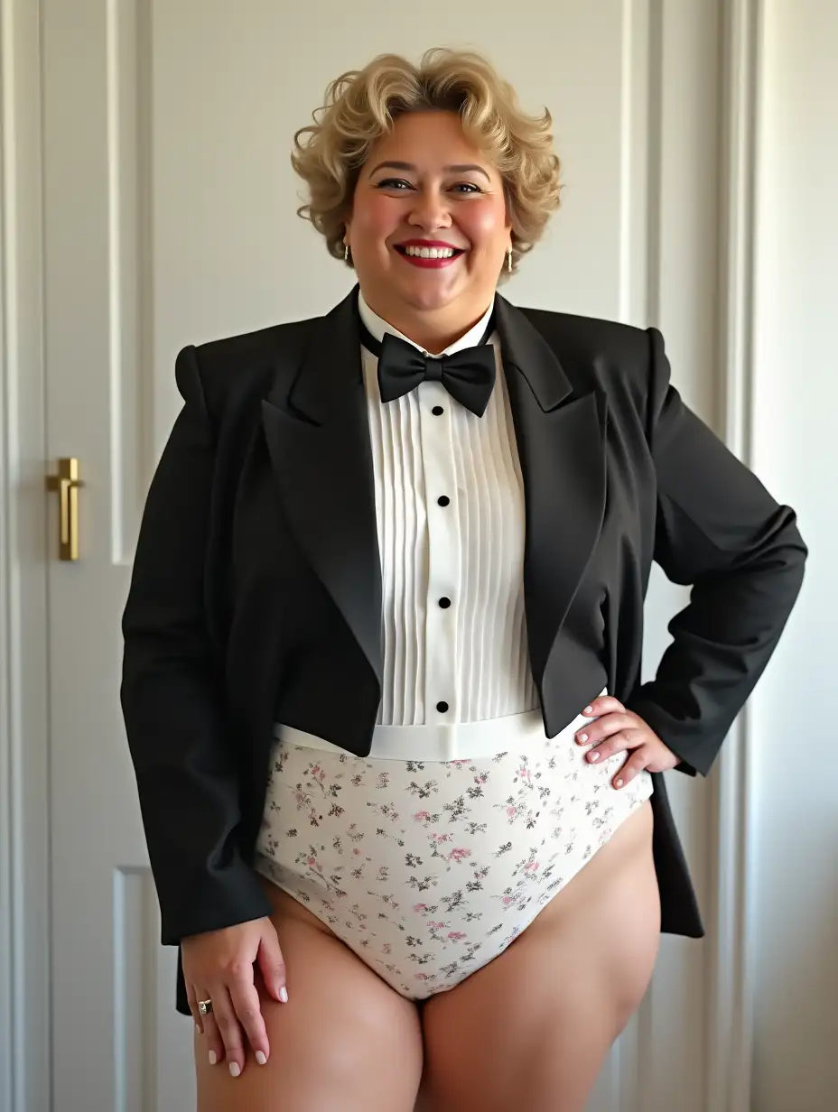 Plump-Caucasian-Woman-in-Formal-Orchestra-Tuxedo-with-High-Heels-in-White-Bedroom