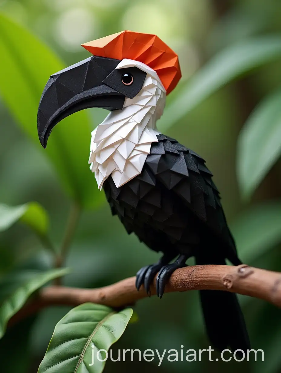 Intricate-Origami-Rhinoceros-Hornbill-Perched-on-Branch