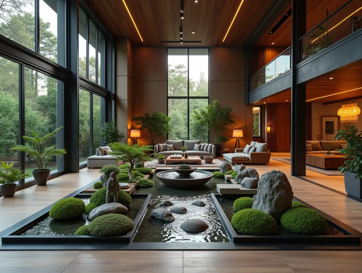 Large modern living room with fountain, Attack on Titan Statue, lighting with furniture, plants with Zen garden with carefully tended rocks, a meditative 180 degree 8K resolution colorful capture