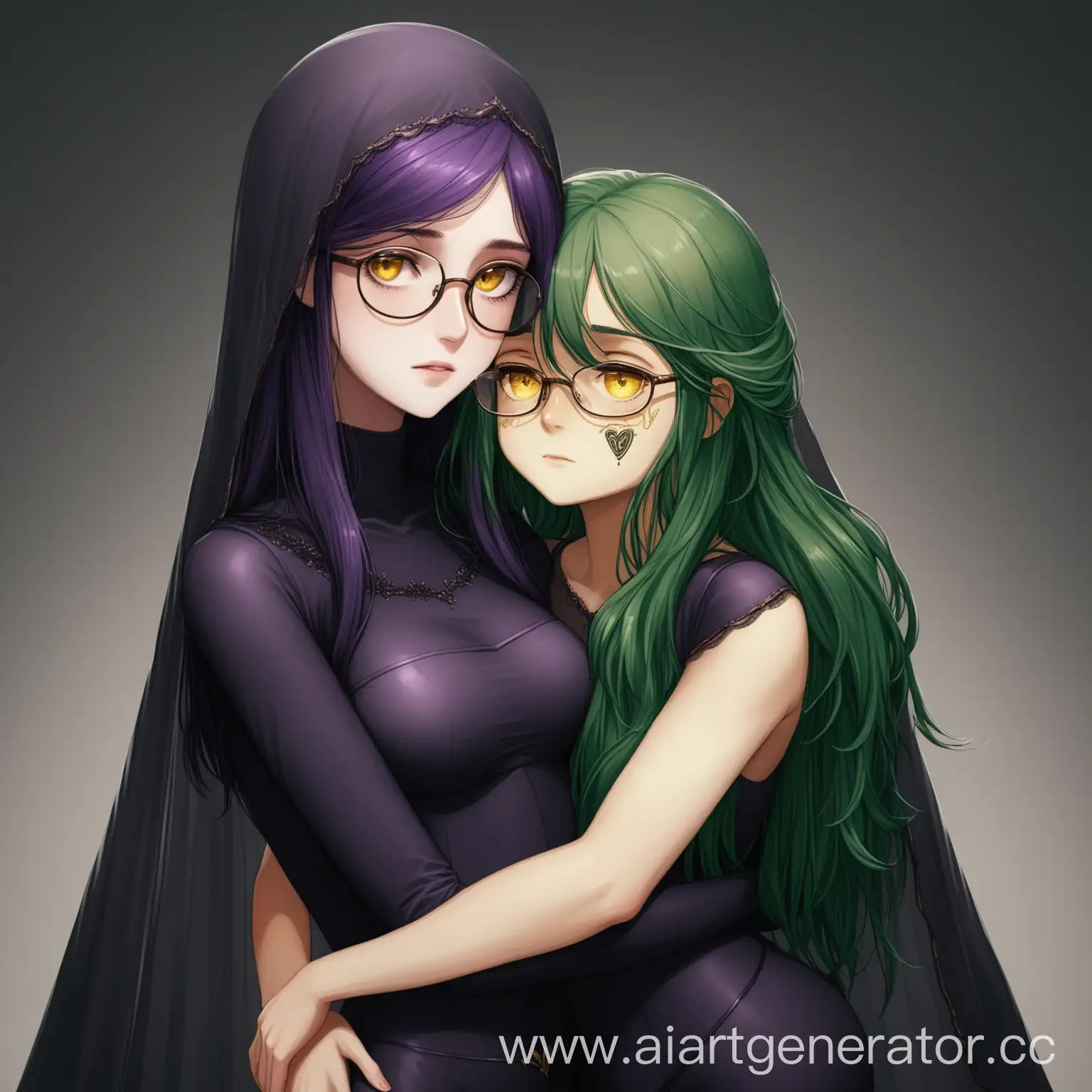 Tall-Girl-with-Dark-Purple-Hair-Embracing-GreenHaired-Girl-in-Unique-Attire