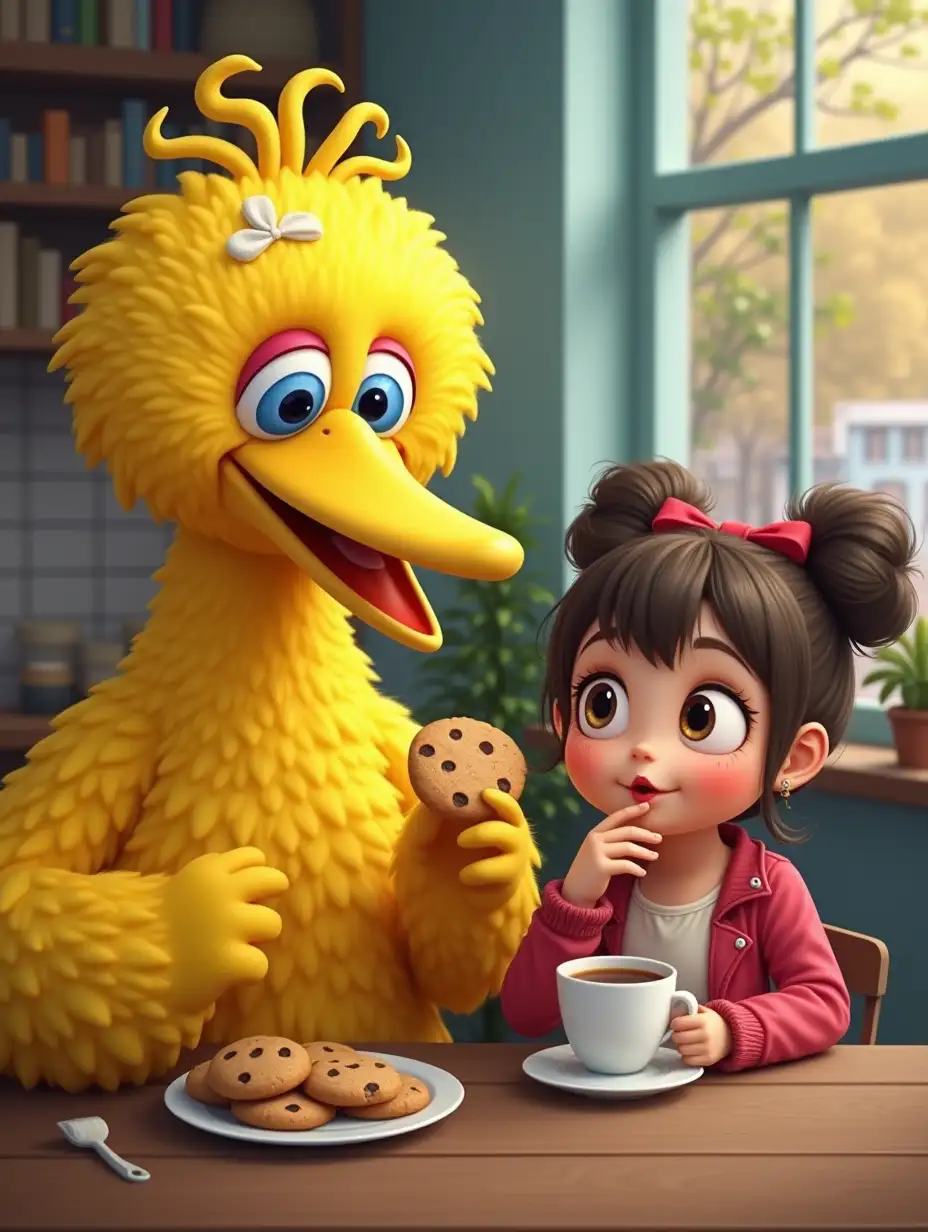 Big bird and a little girl together at a coffee shop. Big bird is eating a cookie while the little girl is having a cup of tea.