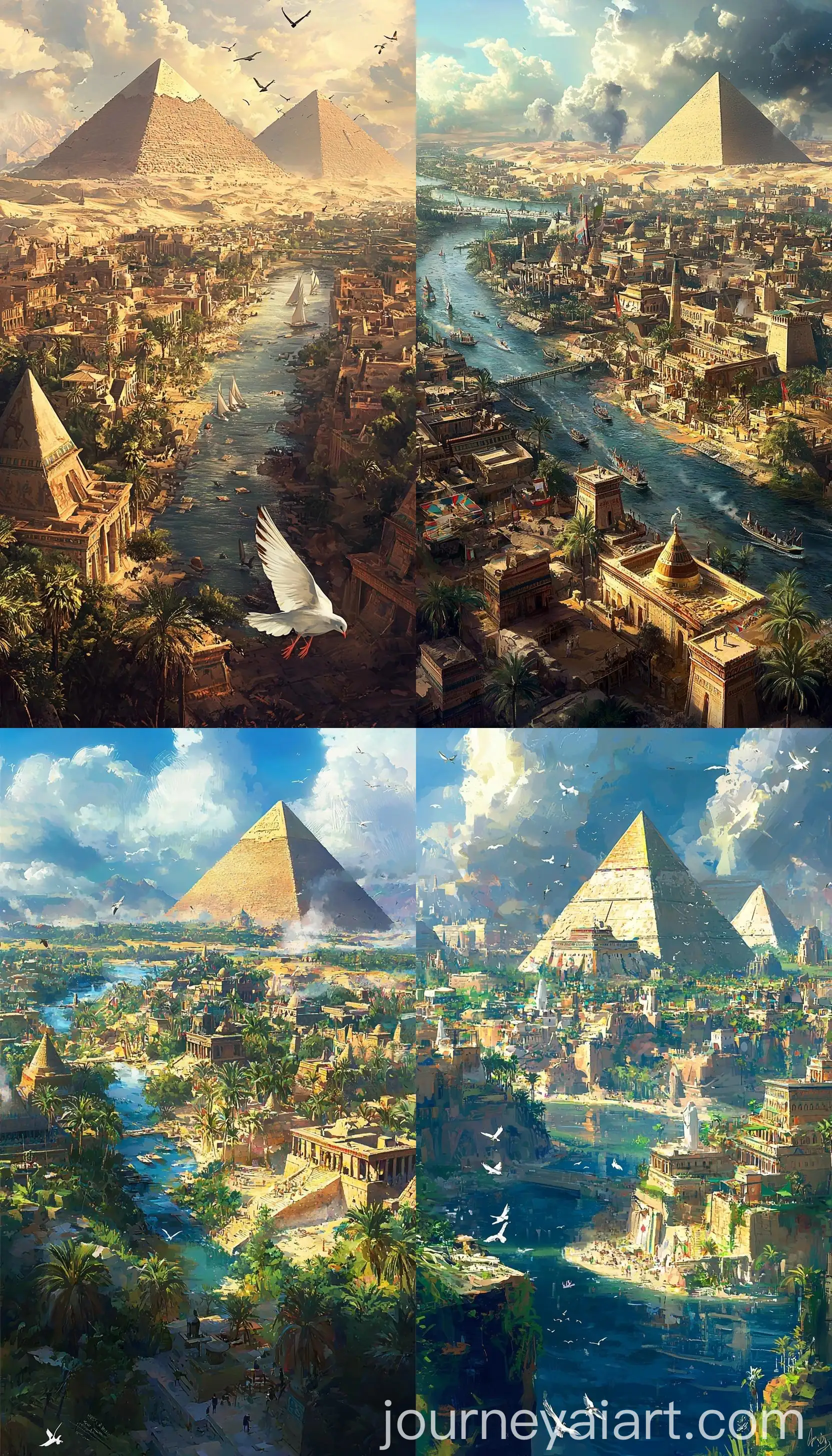 Ancient-Egypt-Village-with-Giza-Pyramid-and-Doves