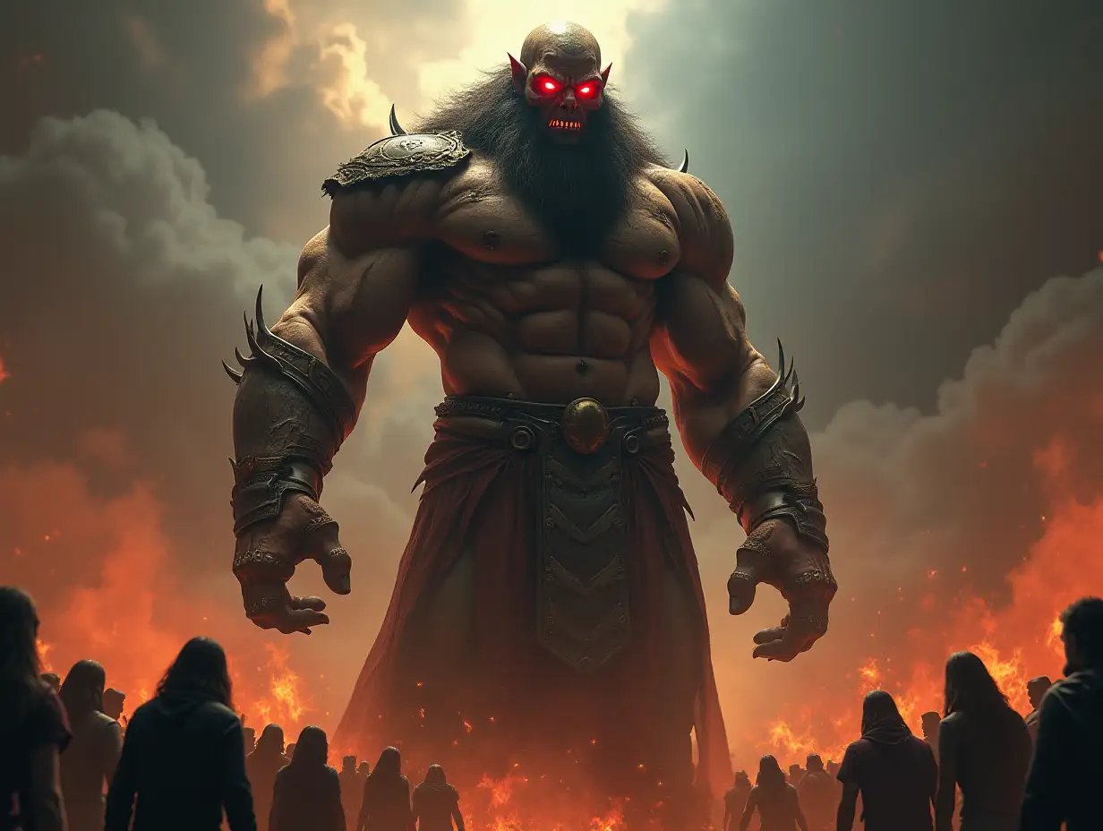 Man Titan with Dracula head glowing red eye, Mustag Beard 10 meters tall with muscles, Metal shoes with many people in Egyptian Premium Picture