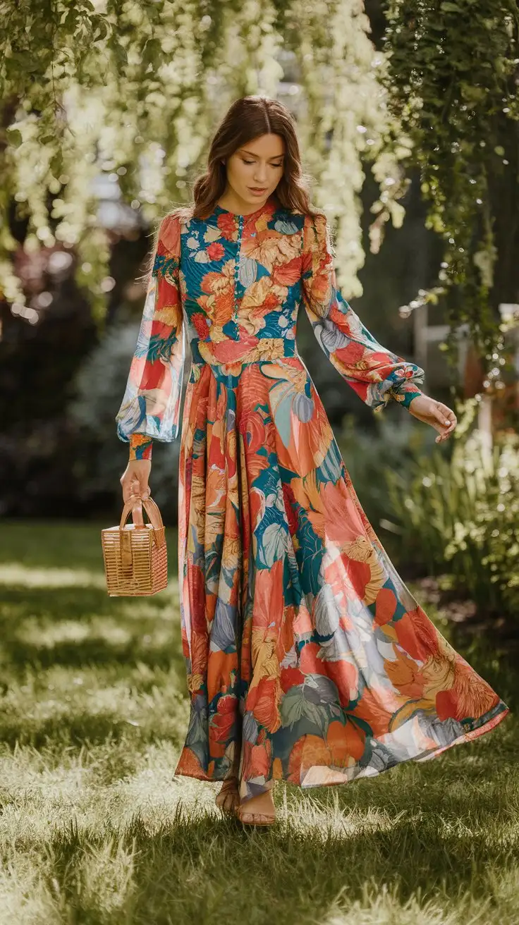 Woman-in-1970s-Floral-Maxi-Dress-Walking-Through-Sunlit-Garden