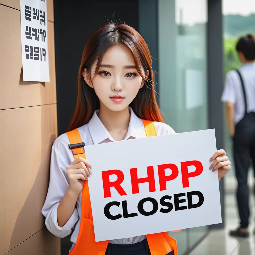 Young Worker Korean Beautiful girl, hold poster texted 'RHPP CLOSED'