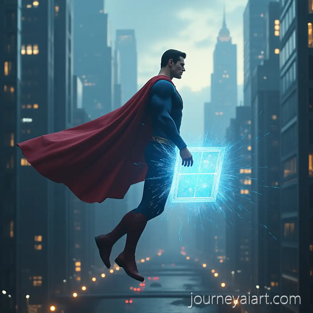 Superman-Hovering-Over-Futuristic-City-Holding-Holographic-Window