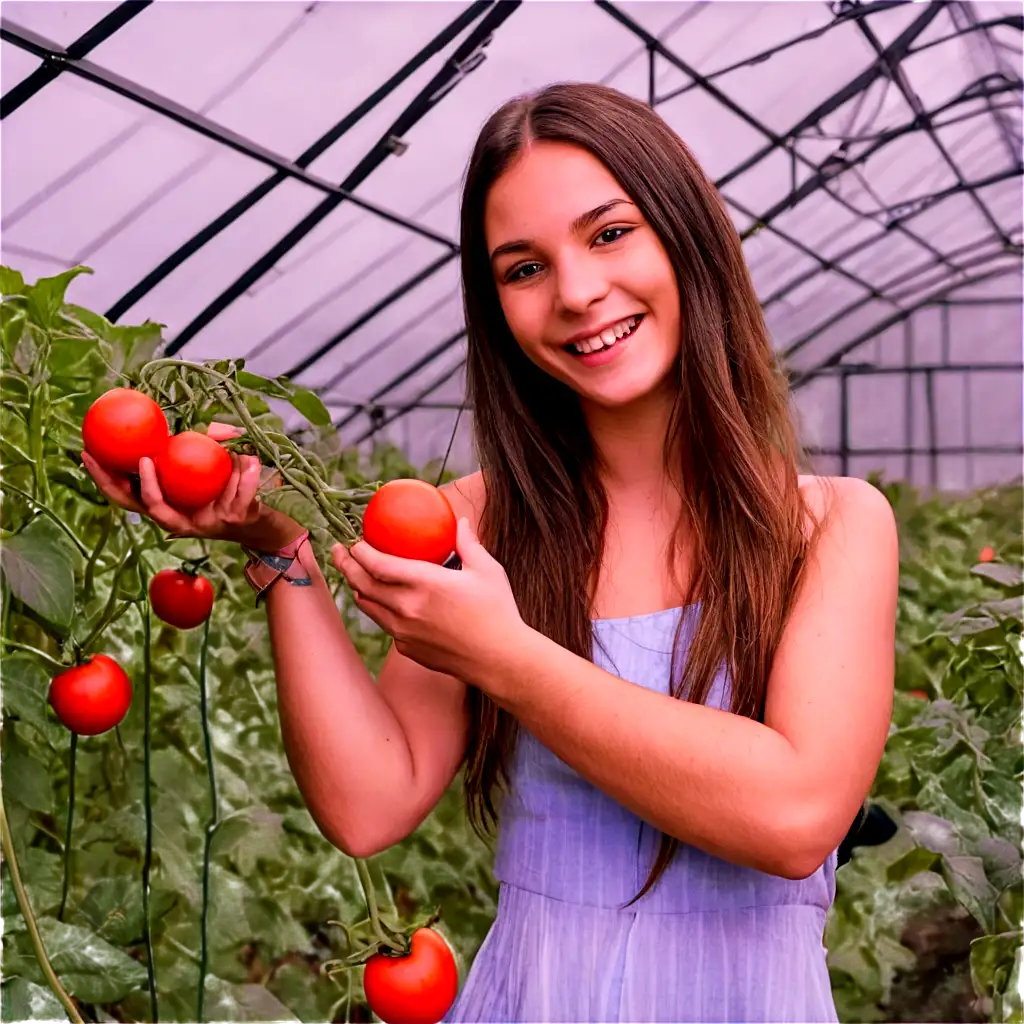 Smiling-Girl-Picking-Tomatoes-in-Greenhouse-PNG-Image