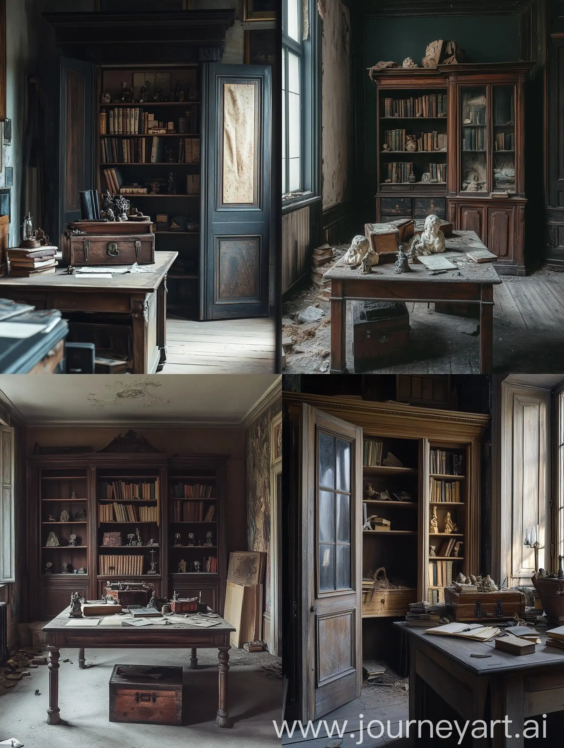 Abandoned-Romanesque-Writers-Office-with-Wooden-Table-and-Chest-of-Artifacts