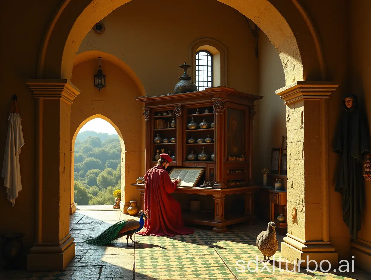 Renaissanceera-Study-in-Stone-Archway-with-Scholar-and-Exotic-Birds