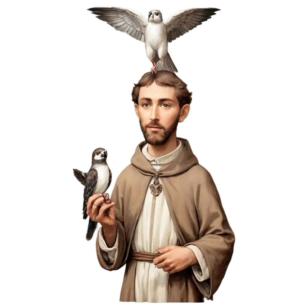 St-Francis-of-Assisi-with-Two-Birds-on-Shoulder-PNG-Image-Serene-Religious-Artwork