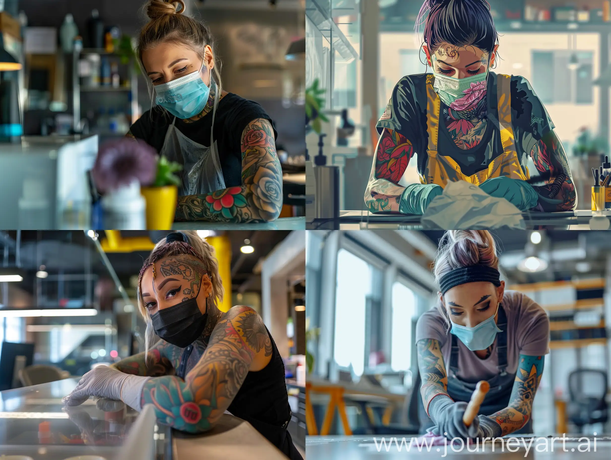 Focused-Woman-Cleaning-Service-Worker-with-Colorful-Tattoos-in-Modern-Office