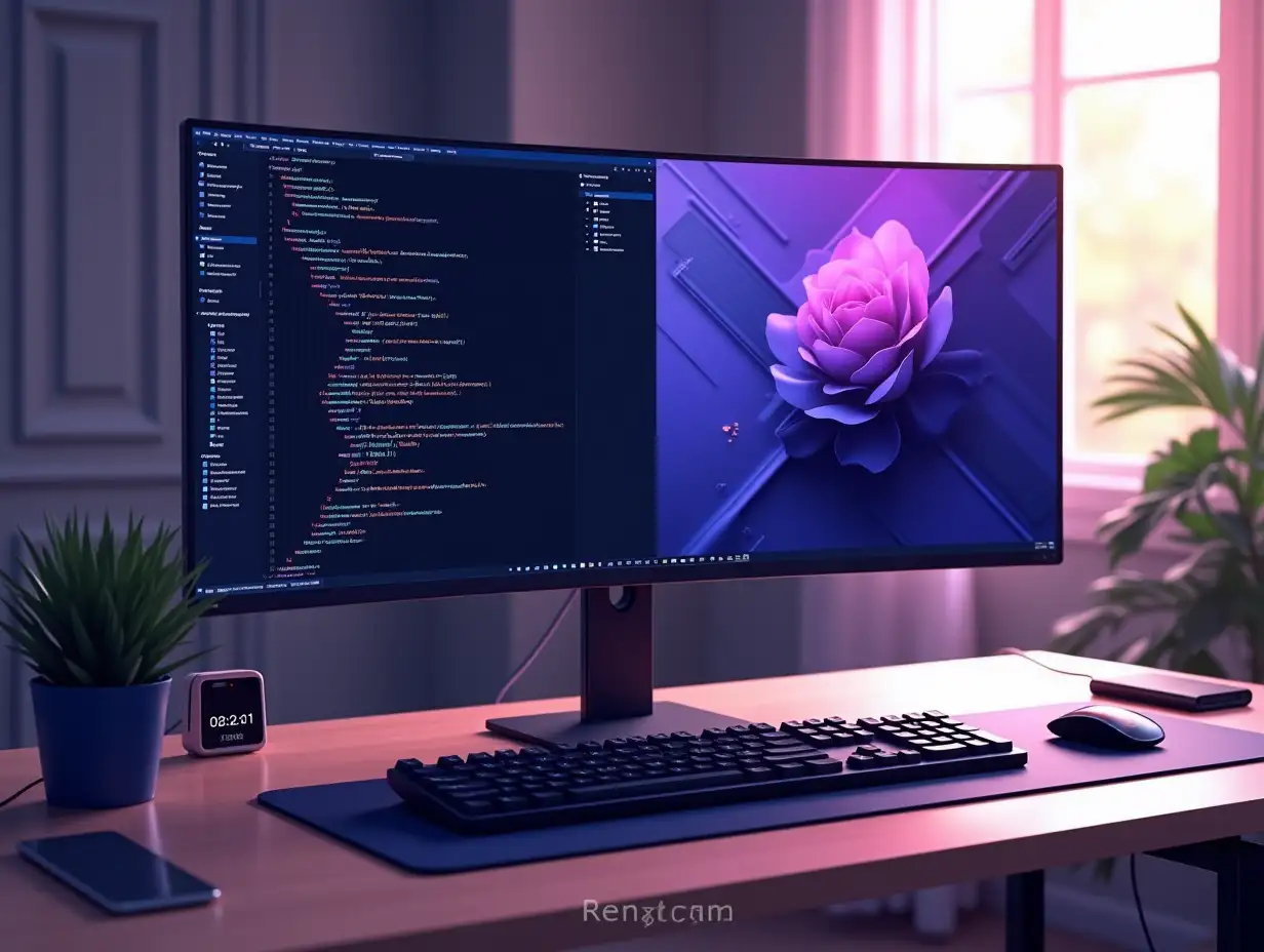 Minimalist-Desk-Setup-with-React-Code-and-Web-Development-Display