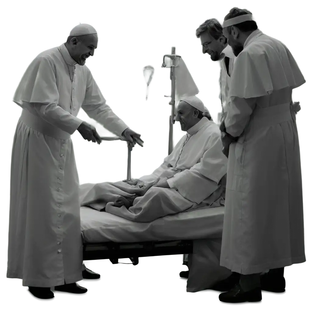 a sketch of a drawing in black and white without shades of gray. The scene is: Pope Francis who, sick, is in a hospital fighting for his life. Jesus (in the form of a spirit) comforts him and he smiles happily. A number of doctors and nurses attend the scene. The background of the image is blurred so without clear lines.