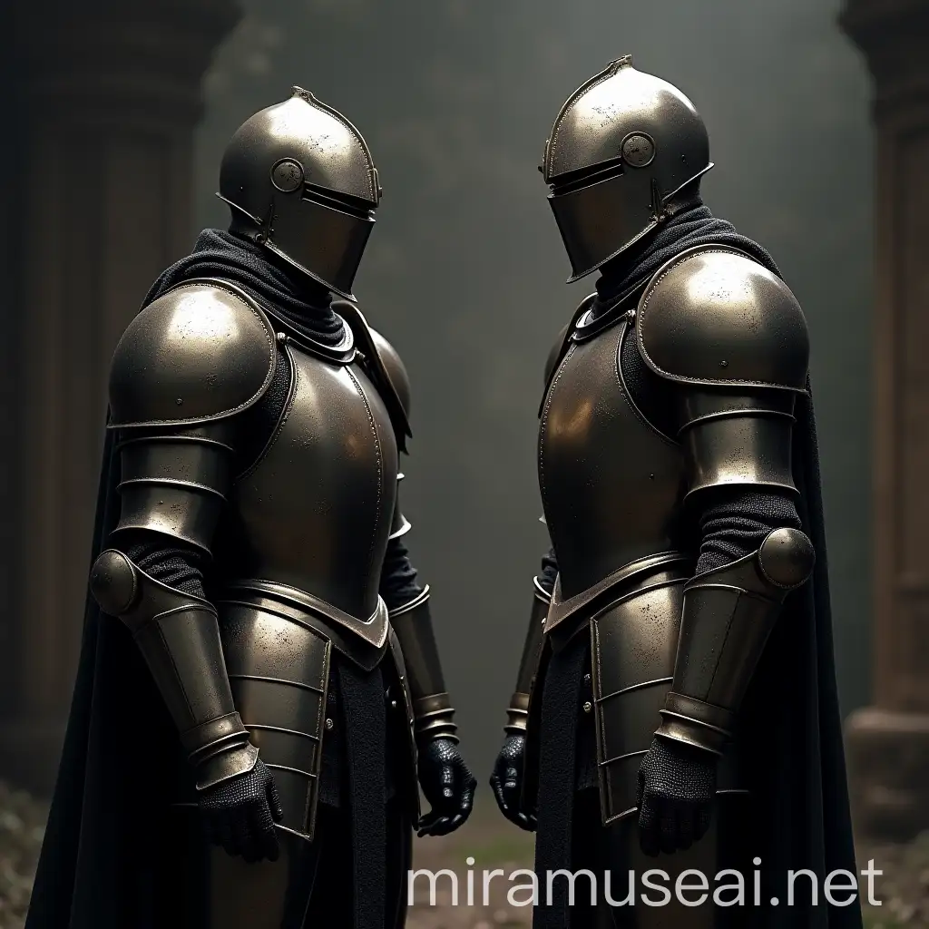 Two Shiny Iron Armored Knights Conversing in Dark Fantasy Setting