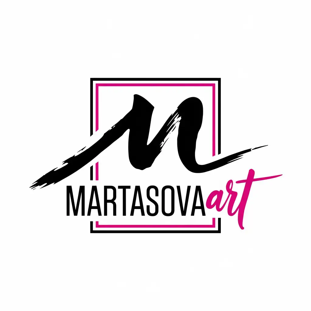 a vector logo design,with the text "MartasovaArt", main symbol:The capital letter M in the form of a brush stroke, written diagonally, under it the name "MartasovaArt" in one word in a caligrphic font with capital letters M in the word Martasova and A in the word Art, enclosed in a thin frame. Use black and fuchsia,complex,be used in Others industry,clear background