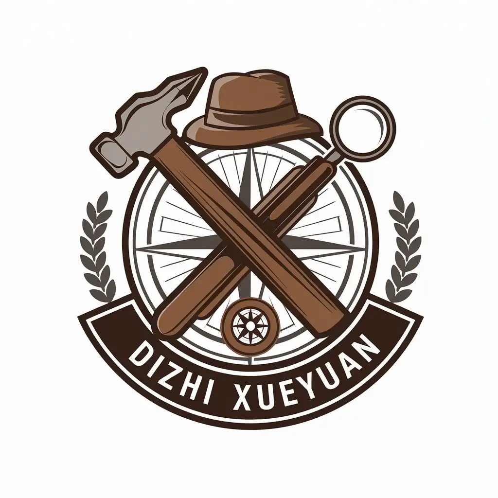 LOGO-Design-for-Dizhi-Xueyuan-Geological-Hammer-Compass-Hat-and-Magnifying-Glass-Theme