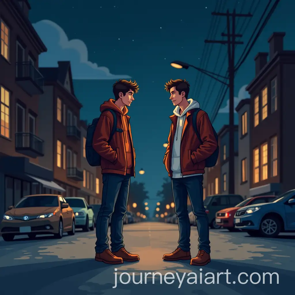 Young-Men-Standing-Casual-on-a-Nighttime-Street-in-Stylized-Cartoon-Illustration