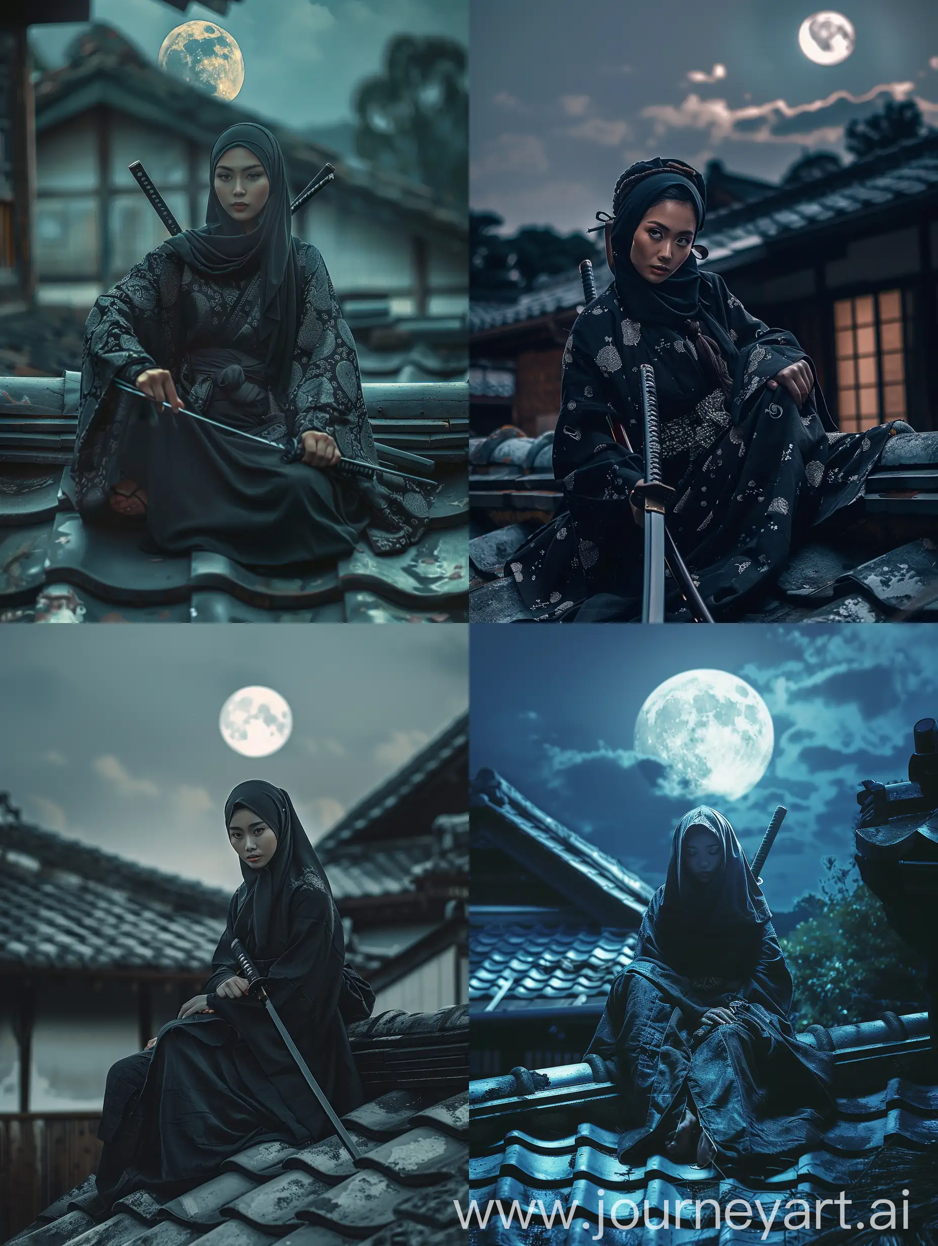 Malaysian-Woman-in-Hijab-Wearing-Black-Japanese-Kimono-with-Samurai-Moonlit-Scene