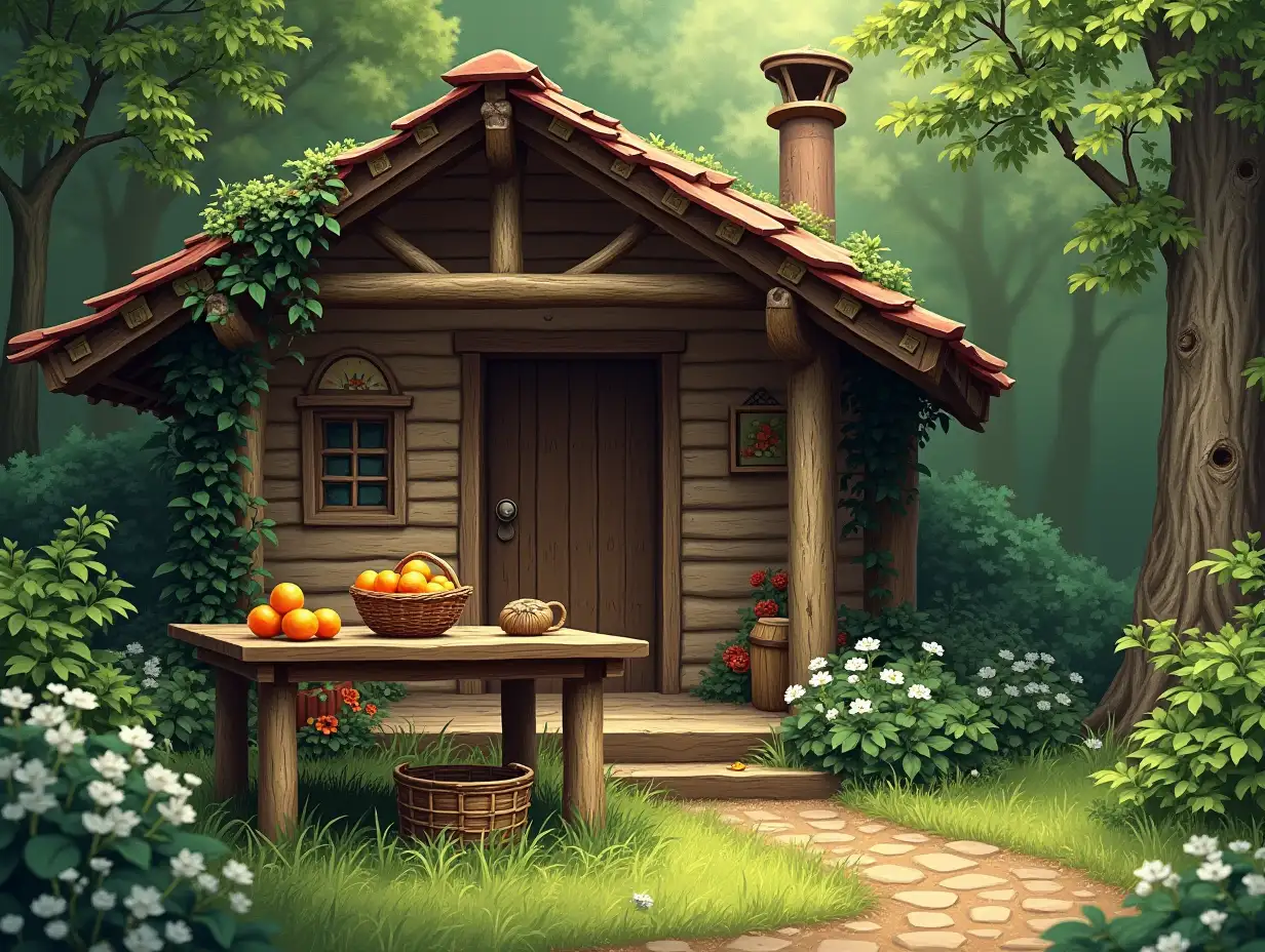 A beautiful wooden hut in the middle of a green forest with a wooden table in front of it, a basket of oranges on it and a basket of white flowers