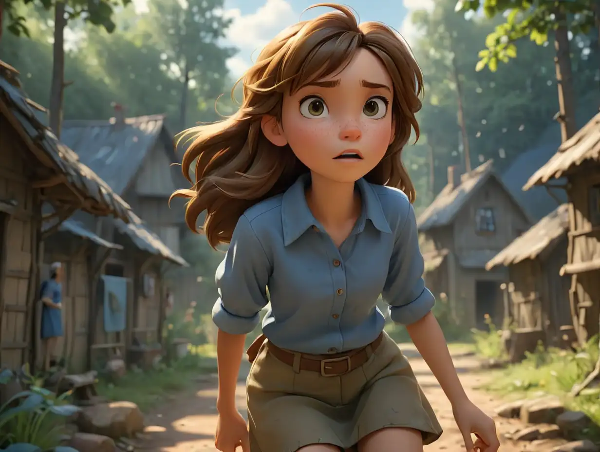 A wide-angle image, a brown-haired girl wearing a blue shirt, in the atmosphere of a village in the forest, 3d disney inspire