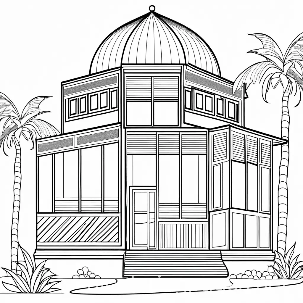 arabian house side view, Coloring Page, black and white, line art, white background, Simplicity, Ample White Space. The background of the coloring page is plain white to make it easy for young children to color within the lines. The outlines of all the subjects are easy to distinguish, making it simple for kids to color without too much difficulty