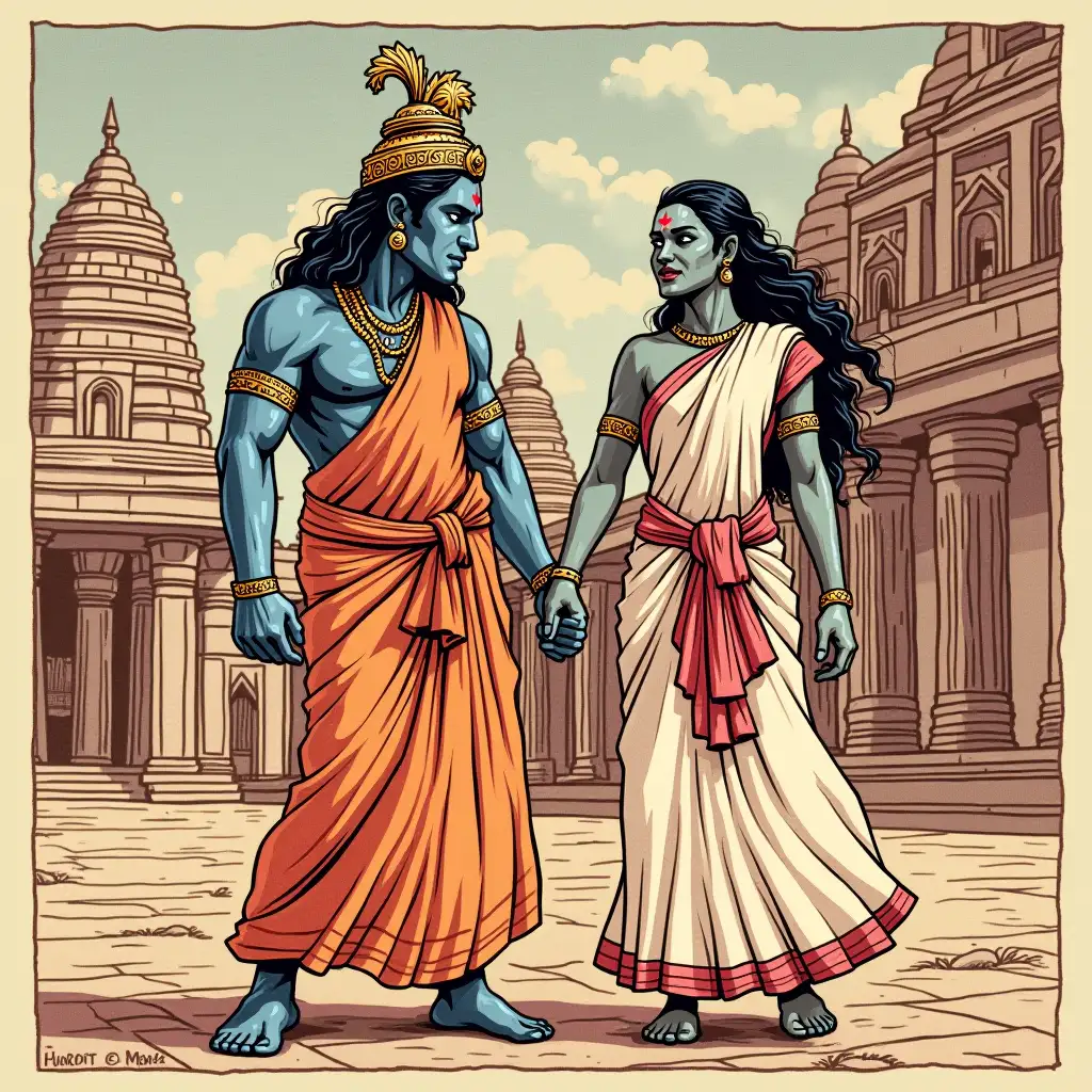 IN BLOCK PRINT STYLE, Lord Rama (MALE)With Simple clothes, On RAMA left -Lord goddess Sita(FEMALE), leaving Kingdom Ayodhya for their 14-year exile, Background a Kingdom with old sculptures