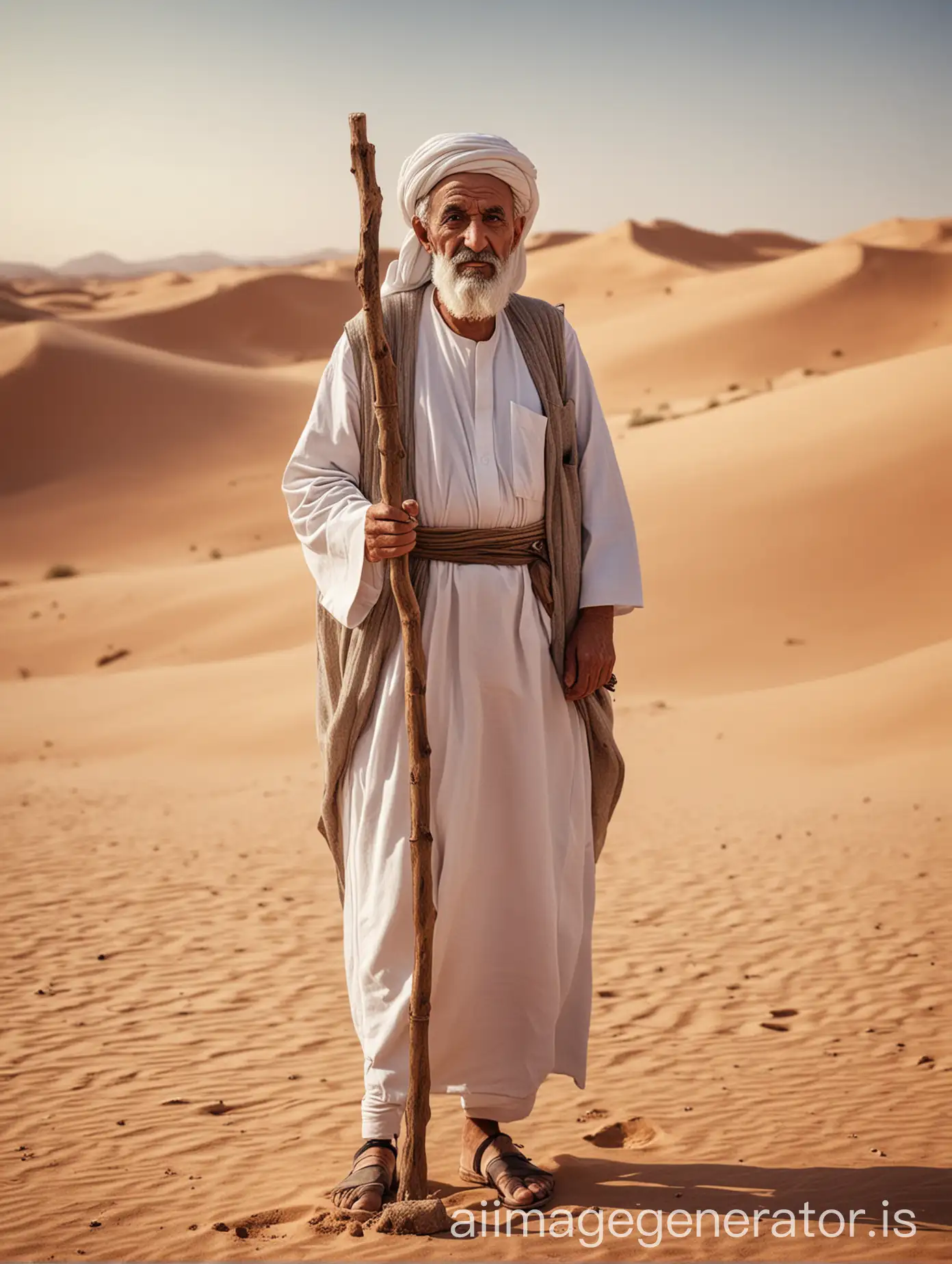 Realistic image of Arabic old man wearing orban and in his hand big stick set in desert full photo