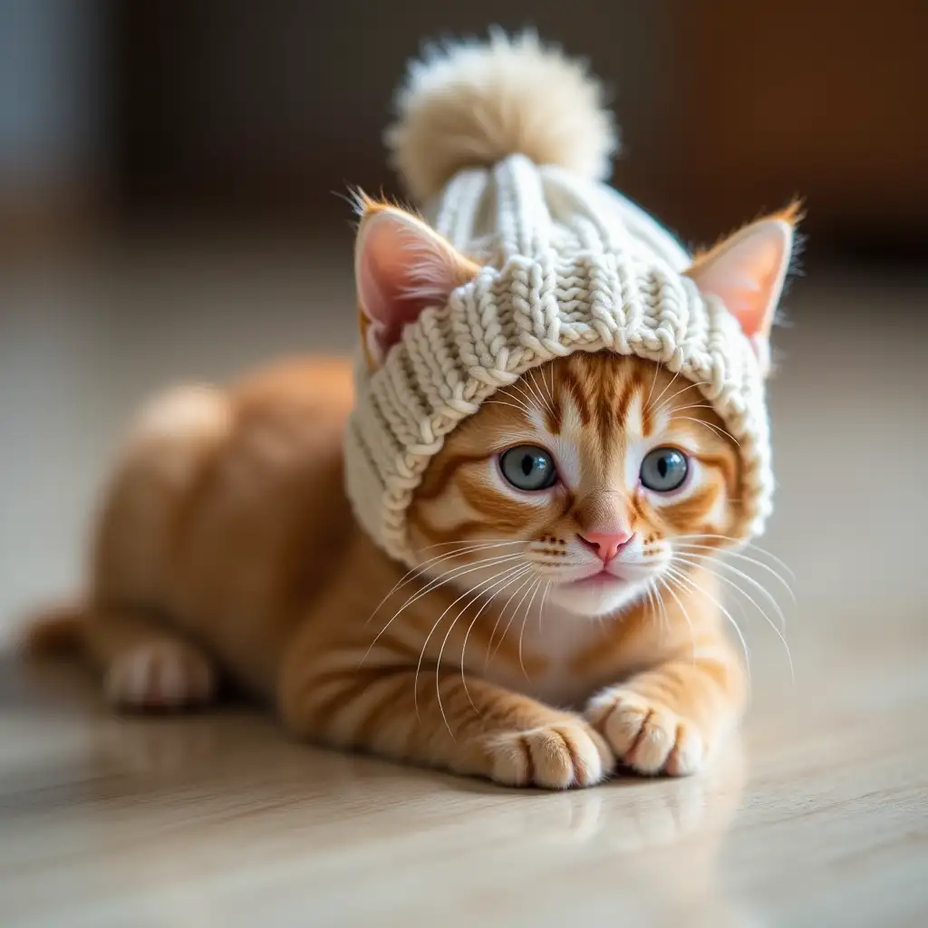 ginger cute real kitten in a knitted hat lies on the floor on its belly. paws to the sides