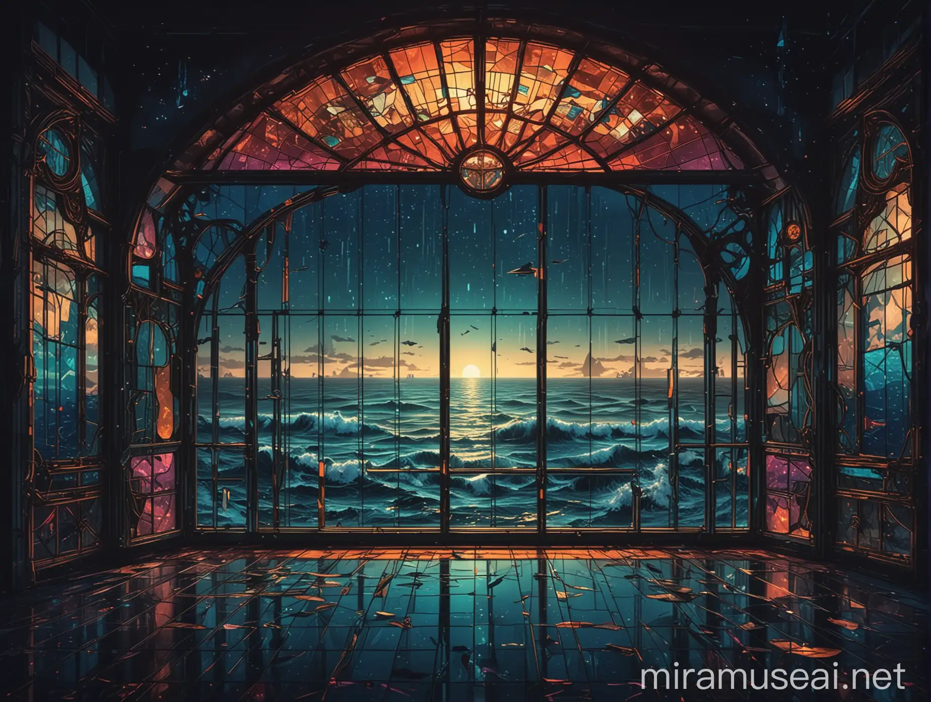 Luxurious Cyberpunk Disco Night Club with Ocean Stained Glass Window