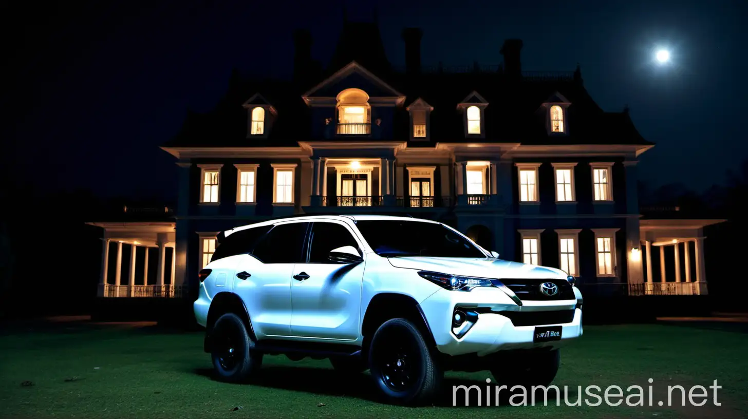 White Toyota Fortuner in Front of Old Haunted Mansion at Night