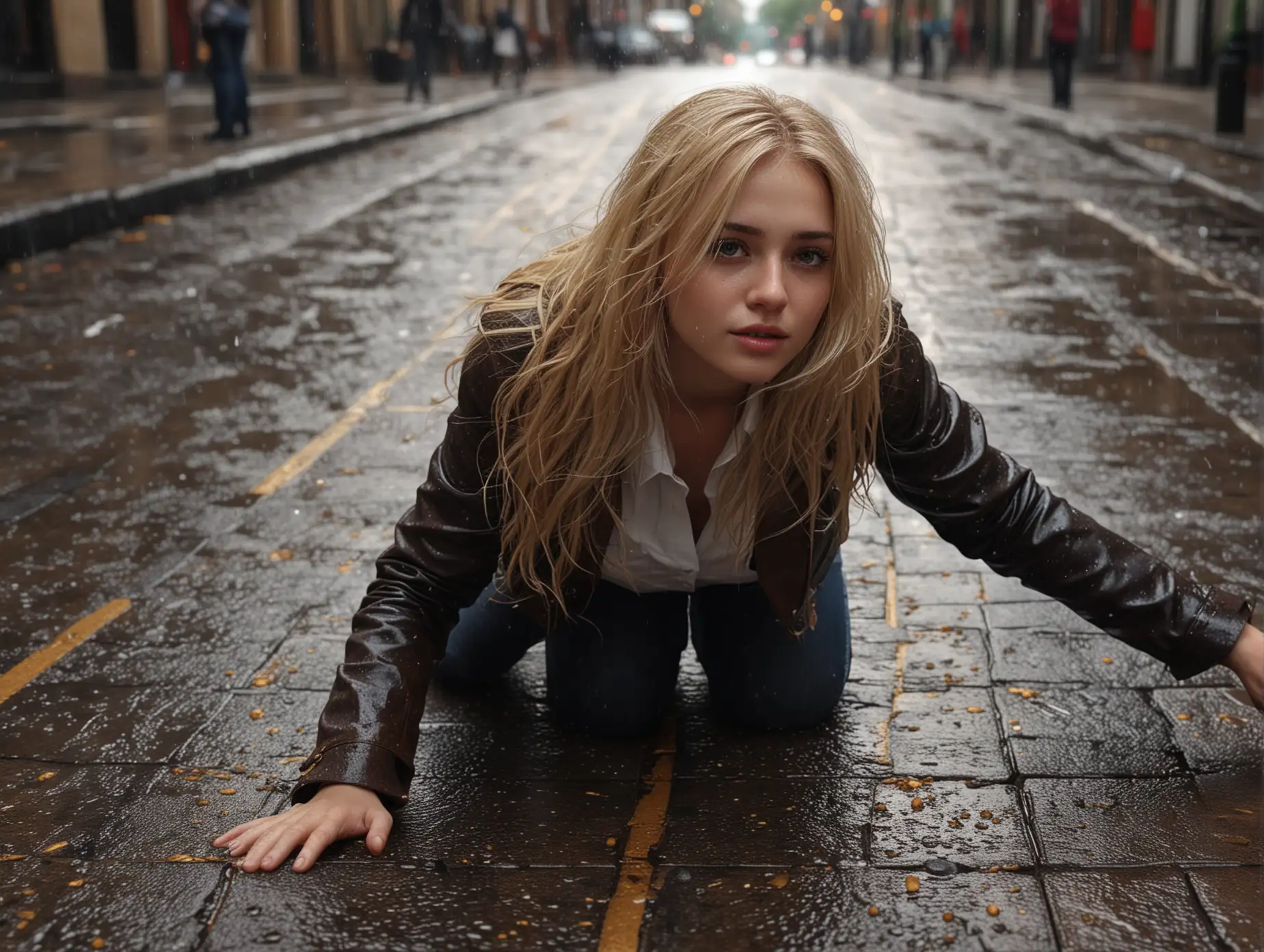 Person-with-Long-Blonde-Hair-Crawling-in-Golden-Sparkling-Rain-on-Dark-Street