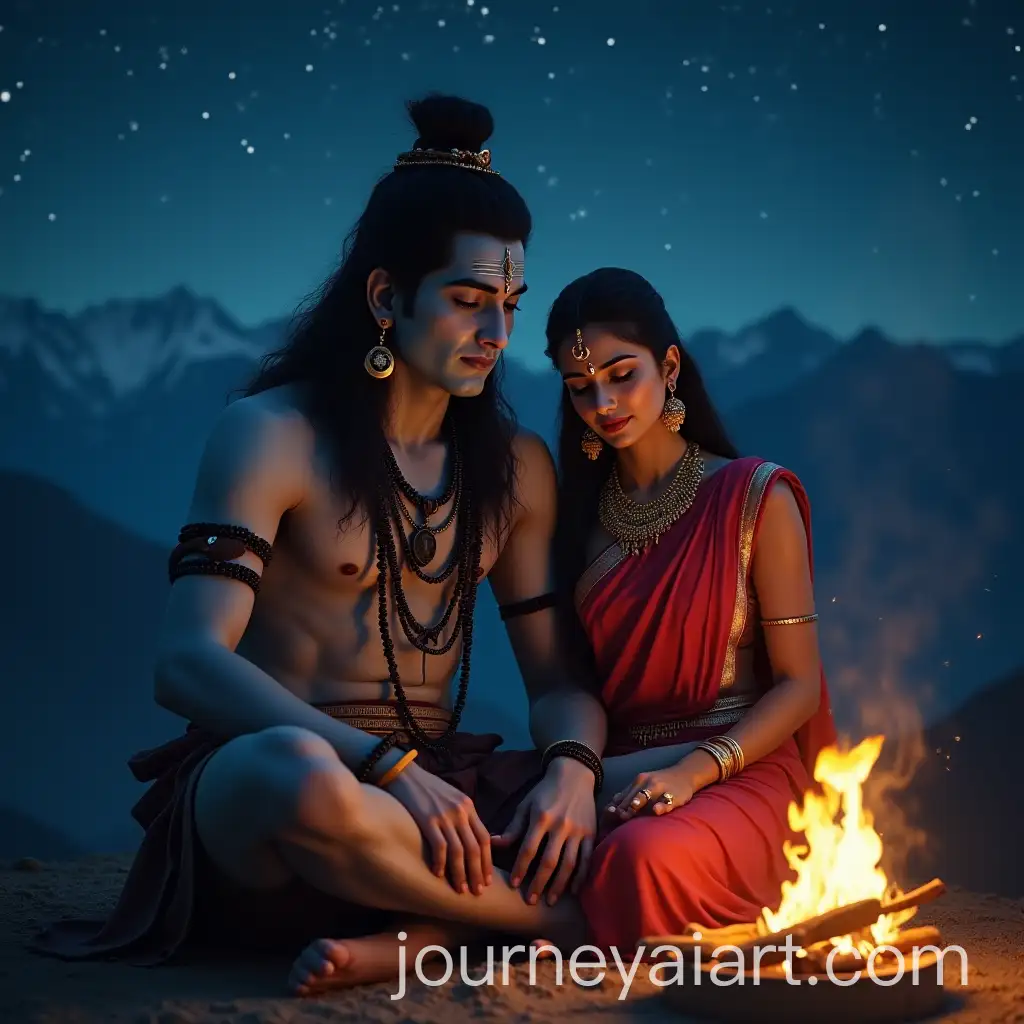 Lord-Shiva-and-Goddess-Parvati-Sitting-Peacefully-by-Sacred-Fire-Under-Starlit-Sky