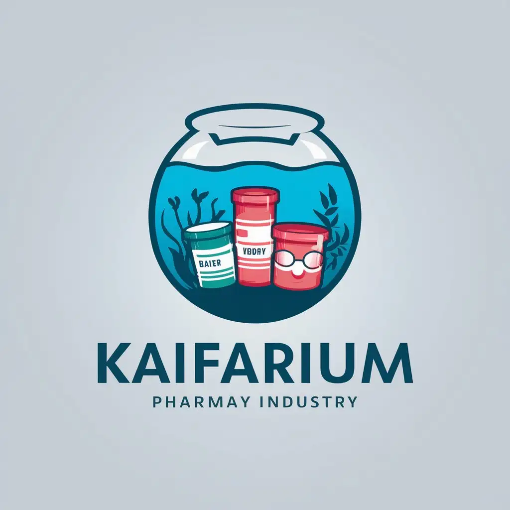 a vector logo design,with the text "Kaifarium", main symbol:An aquarium where live and happy pharmacy meds are sitting,Moderate,be used in Medical Dental industry,clear background