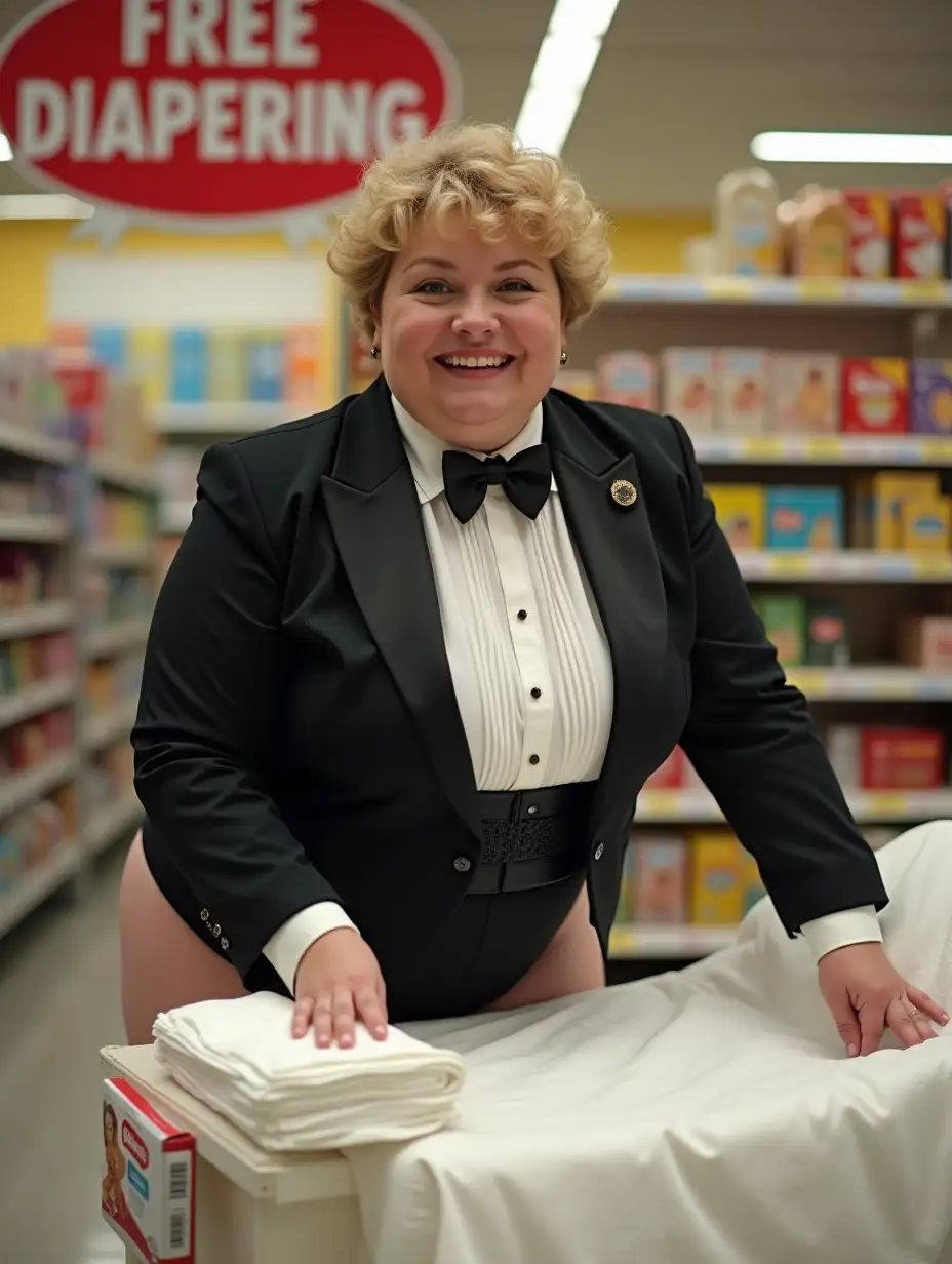 Young-Woman-in-Formal-Tuxedo-Presenting-Huggies-Diapers-at-Supermarket-Product-Demonstration