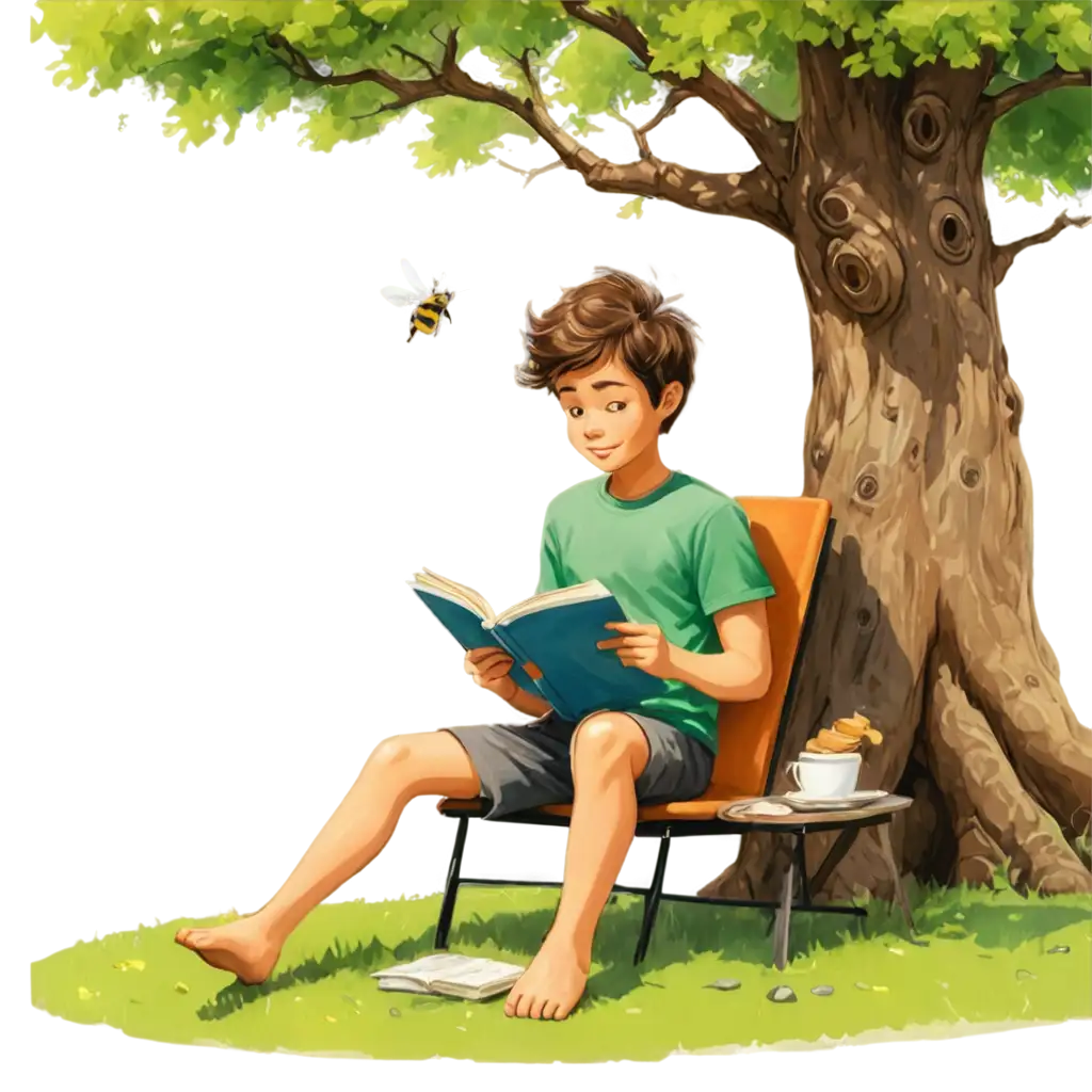 Cartoon-Style-PNG-Image-of-a-Boy-Under-a-Green-Tree-with-Music-Notes-Bird-and-Bee-Perfect-for-Relaxing-Themes