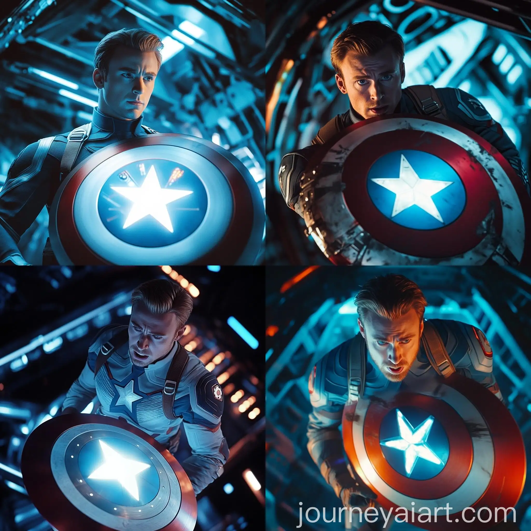 Captain-America-in-Futuristic-White-Suit-with-Shield-Inside-Avengers-Spaceship