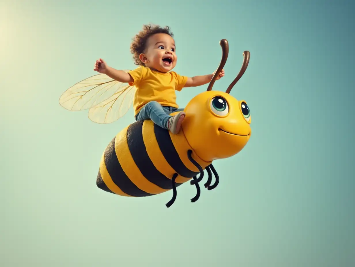 A little kid is flying, riding a yellow bee