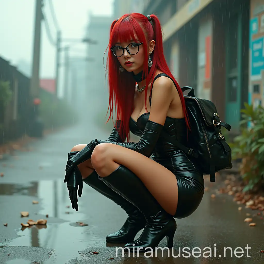 Fantasy Asian Latina Woman in Latex Corset and Mini Skirt with High Heel Boots