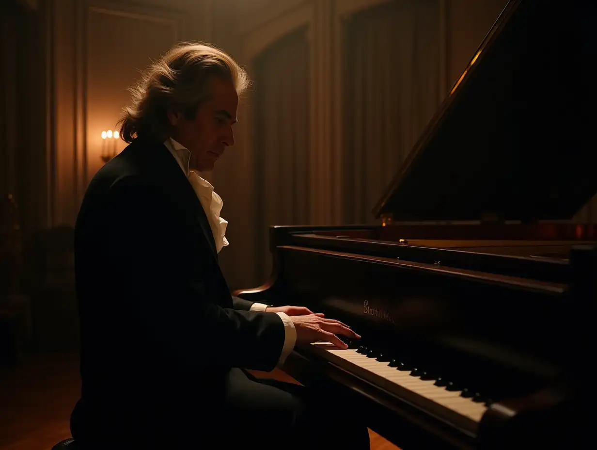 Create a picture of Beethoven playing Für Elise on a fortepiano in a dimly lit room. The room should have a historic feel, with period furniture and candlelight. Beethoven should be a middle-aged man with long, flowing hair and a determined expression. He should be wearing a simple black suit and white cravat. His hands should move gracefully and powerfully over the keys as he plays. The camera should slowly pan around the room, capturing the details of the setting and Beethoven's performance. Occasionally, zoom in on his hands and face to show his passion and skill. The sound of the fortepiano should be crisp and clear, with every note perfectly articulated. The sound of Beethoven's breathing and the creaking of the piano stool should add to the realism. The overall mood should be dark, mysterious, and full of emotion. Transport the viewer back to Beethoven's time and allow them to experience the beauty and power of his music. The characters should be positioned further back in the scene to showcase the vastness of the hall and its intricate architecture. The image should be in 16:9 format for a YouTube video background