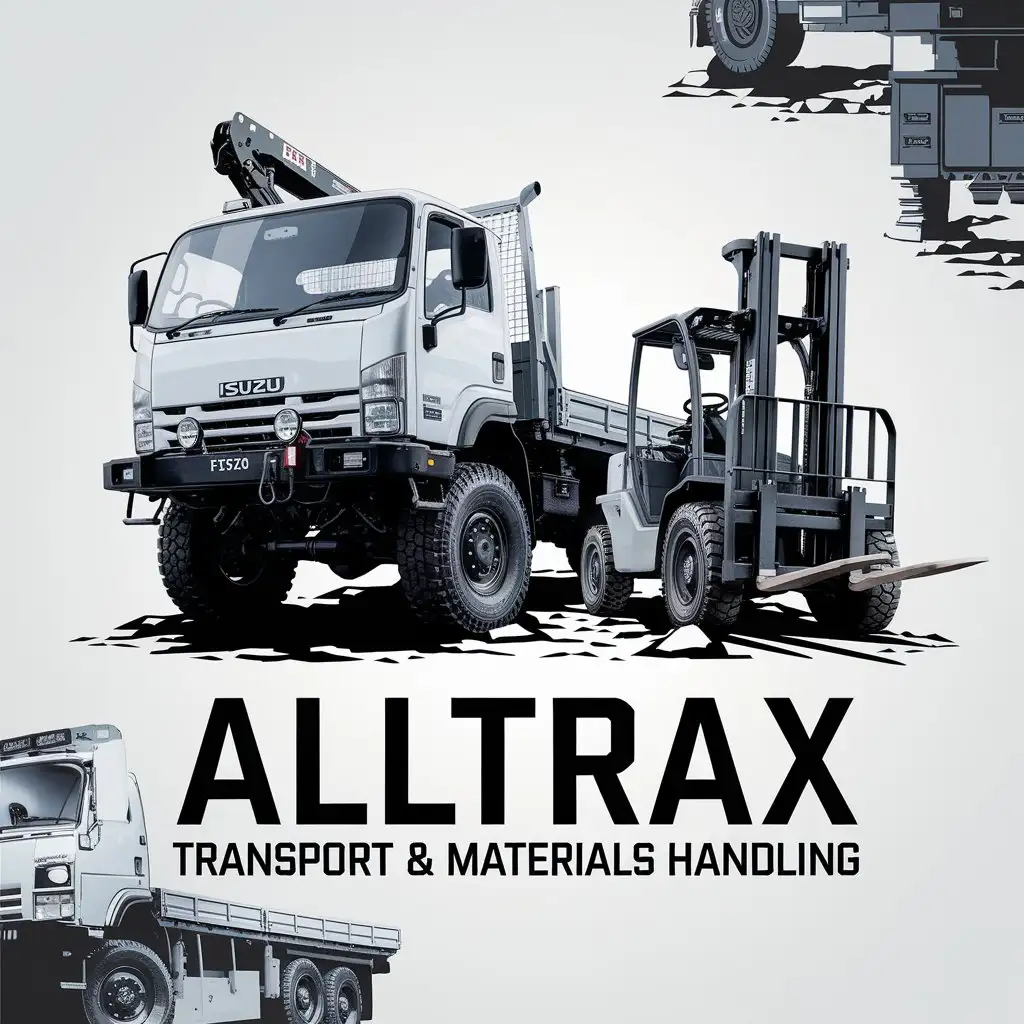 LOGO Design for AllTrax Industrial Strength with 4X4 Isuzu FTS750 Crane Truck and Forklift on Rocky Terrain