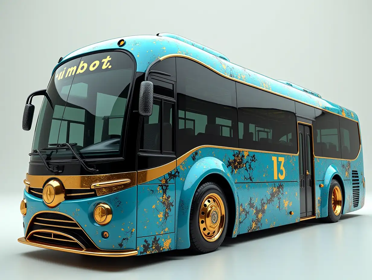 Supermoderne utopische Sportarten Omnibus with Gold and Black Light Blue color with round ornaments, lowered bodywork, 18-inch rims, aluminum wheels, Cream Blue Gold Camouflage, Cyberpunk.