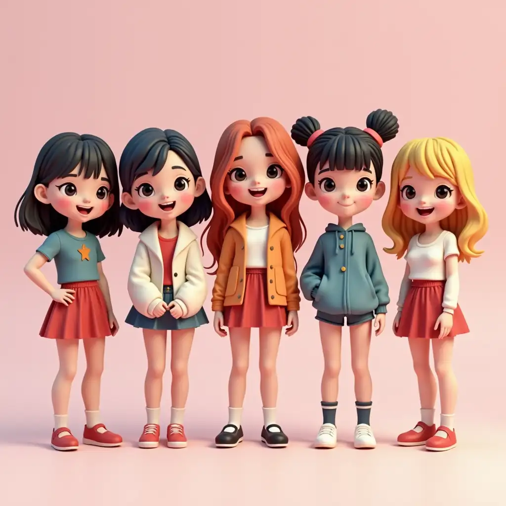 3D-Rendered-Cute-Kpop-Girl-Band-in-Disney-Style-with-Different-Styles-and-Expressions