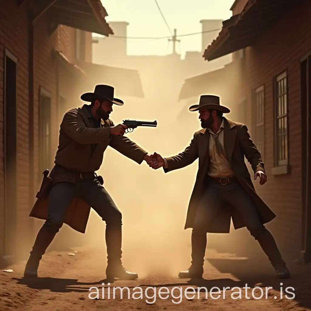 create an image of a duel in a dusty alleyway in the style of the old west